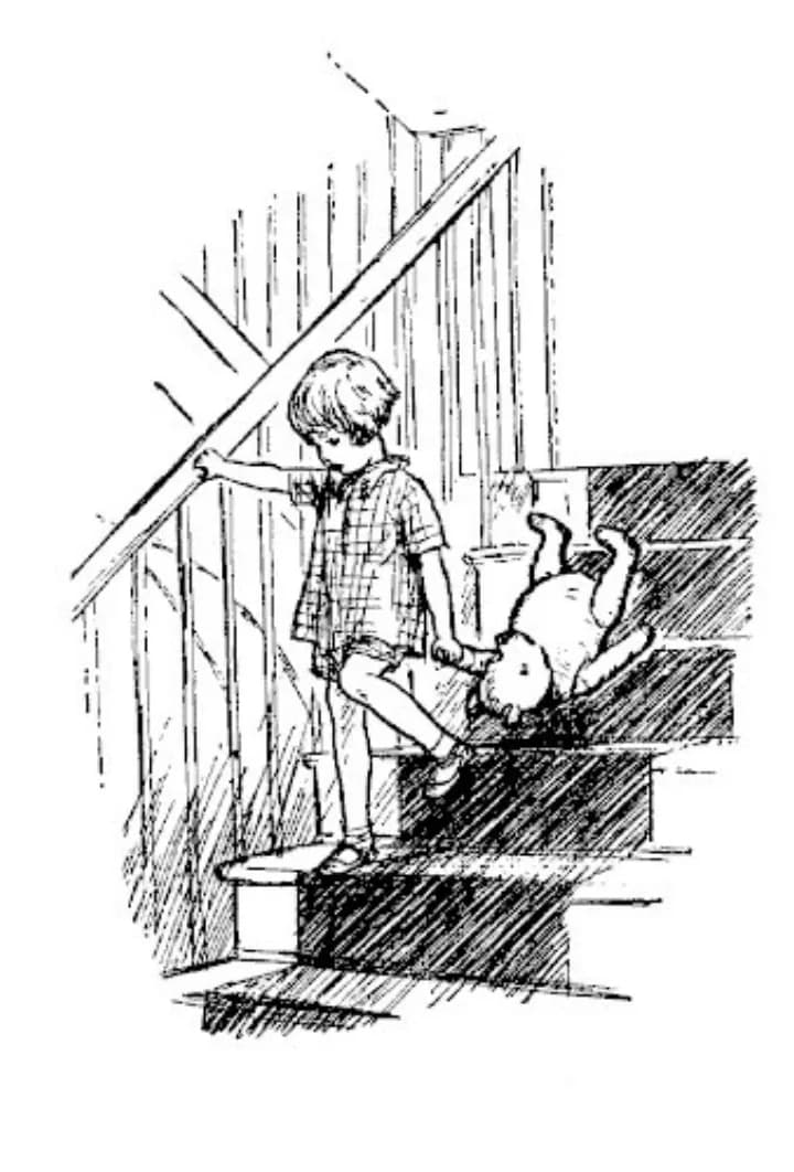 E. H. Shepard illustration of Piglet with Christopher Robin and Winnie-the-Pooh from Front matter