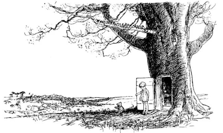E. H. Shepard illustration of Winnie-the-Pooh and Christopher Robin from Chapter I