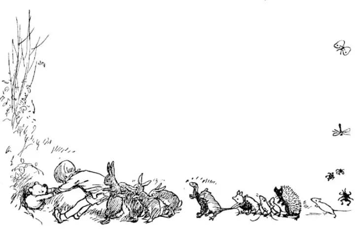 E. H. Shepard illustration of Winnie-the-Pooh with Christopher Robin and Rabbit from Chapter II