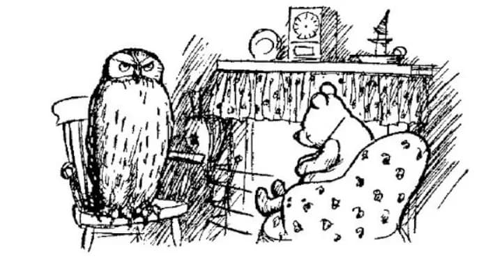 E. H. Shepard illustration of Owl with Winnie-the-Pooh and Eeyore from Chapter IV