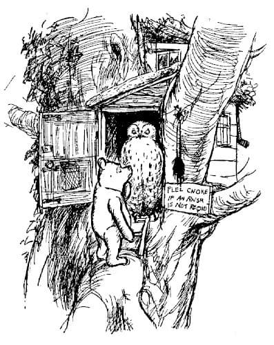 E. H. Shepard illustration of Owl with Winnie-the-Pooh and Eeyore from Chapter IV