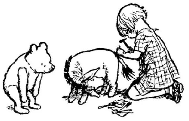 E. H. Shepard illustration of Owl with Winnie-the-Pooh and Eeyore from Chapter IV