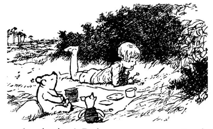 E. H. Shepard illustration of Piglet with Christopher Robin and Winnie-the-Pooh from Chapter V