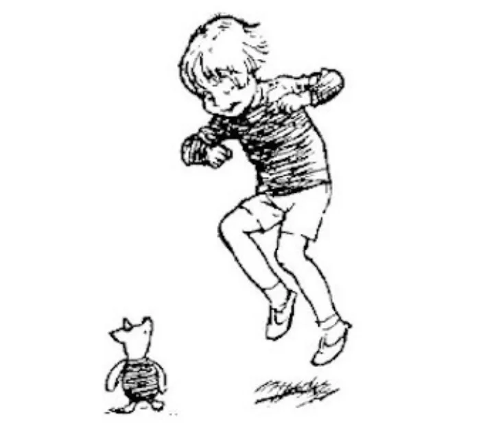 E. H. Shepard illustration of Piglet and Christopher Robin from Chapter V