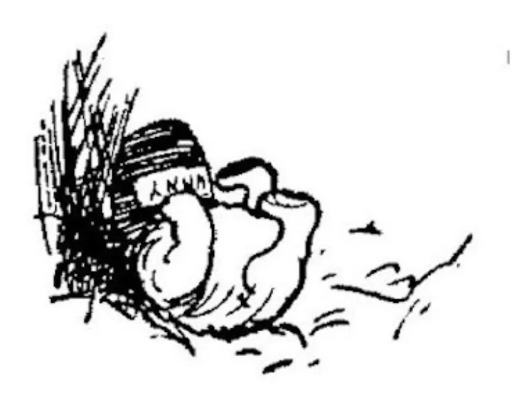 E. H. Shepard illustration of Piglet with Christopher Robin and Winnie-the-Pooh from Chapter V