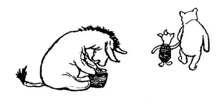 E. H. Shepard illustration of Piglet with Winnie-the-Pooh and Eeyore from Chapter VI