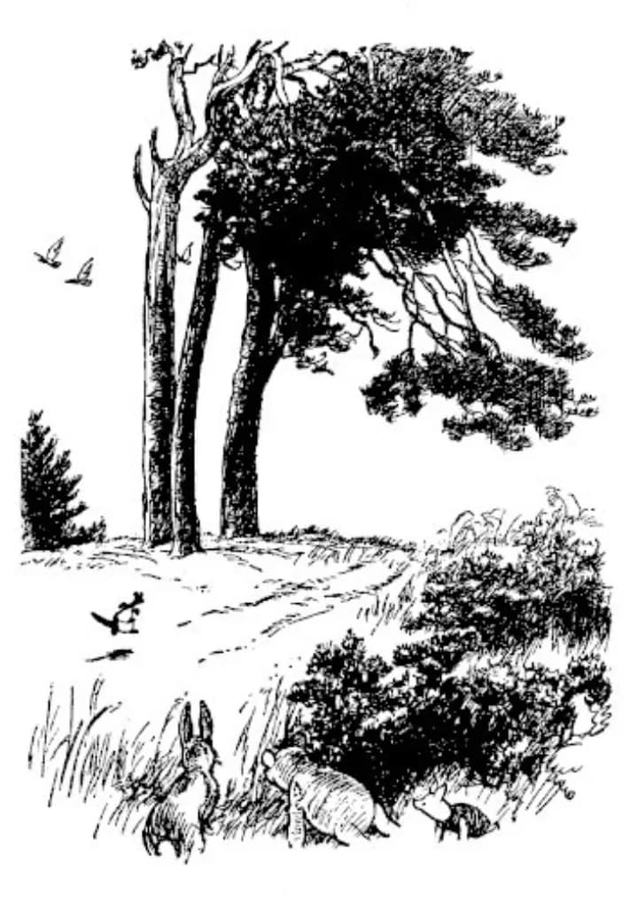 E. H. Shepard illustration of Roo with Winnie-the-Pooh, Piglet, Rabbit and Kanga from Chapter VII