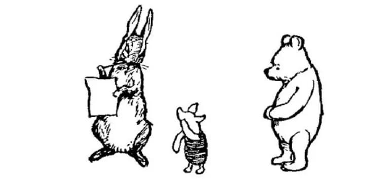 E. H. Shepard illustration of Roo with Piglet, Rabbit and Kanga from Chapter VII