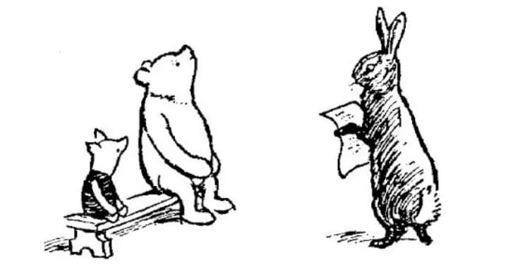 E. H. Shepard illustration of Piglet with Winnie-the-Pooh, Kanga and Roo from Chapter VII