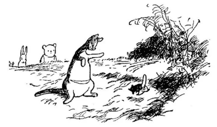 E. H. Shepard illustration of Kanga with Winnie-the-Pooh, Piglet and Roo from Chapter VII