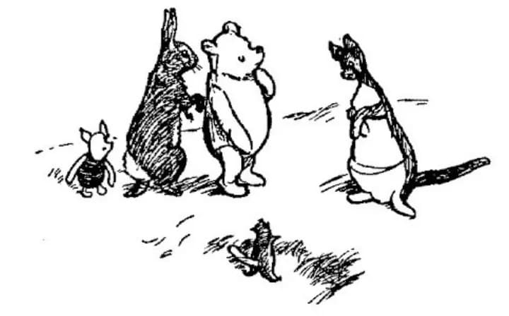 E. H. Shepard illustration of Roo with Piglet and Kanga from Chapter VII