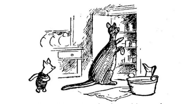 E. H. Shepard illustration of Kanga with Christopher Robin, Piglet and Roo from Chapter VII