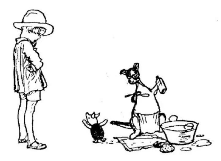 E. H. Shepard illustration of Kanga with Christopher Robin, Piglet and Roo from Chapter VII