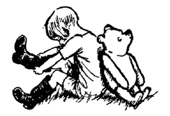E. H. Shepard illustration of Winnie-the-Pooh and Christopher Robin from Chapter VIII