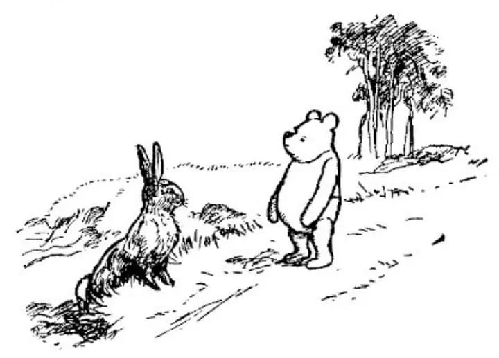 E. H. Shepard illustration of Winnie-the-Pooh and Christopher Robin from Chapter VIII