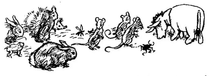 E. H. Shepard illustration of Owl with Christopher Robin, Winnie-the-Pooh, Piglet, Eeyore, Rabbit, Kanga and Roo from Chapter VIII