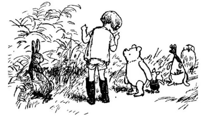 E. H. Shepard illustration of Owl with Christopher Robin, Winnie-the-Pooh, Piglet, Eeyore and Rabbit from Chapter VIII