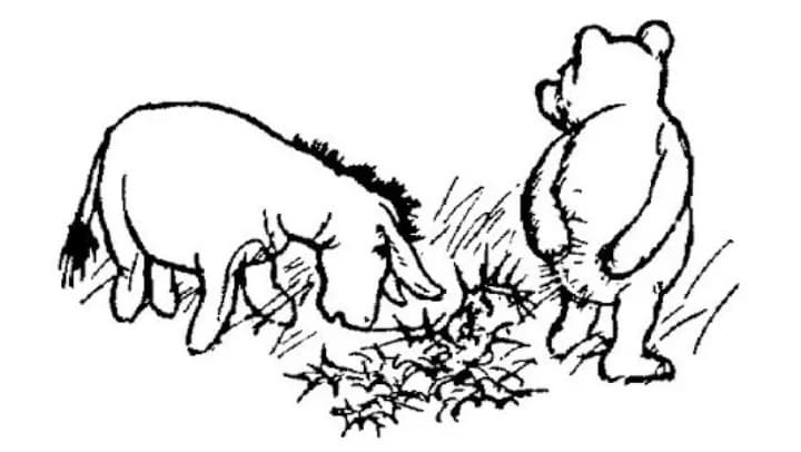 E. H. Shepard illustration of Winnie-the-Pooh and Christopher Robin from Chapter VIII