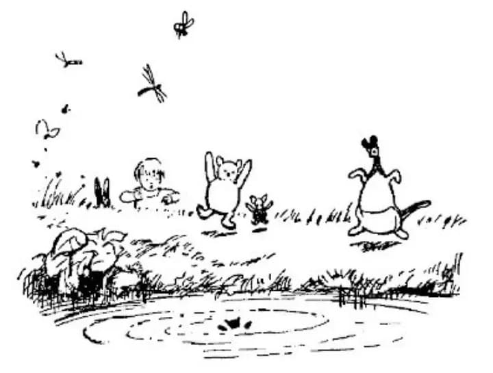 E. H. Shepard illustration of Roo with Christopher Robin, Winnie-the-Pooh, Eeyore, Rabbit and Kanga from Chapter VIII