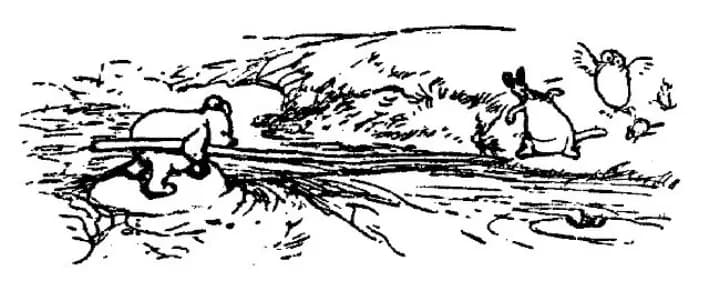 E. H. Shepard illustration of Kanga with Christopher Robin, Winnie-the-Pooh and Roo from Chapter VIII