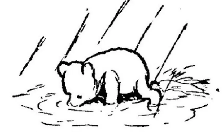 E. H. Shepard illustration of Piglet with Christopher Robin and Winnie-the-Pooh from Chapter IX