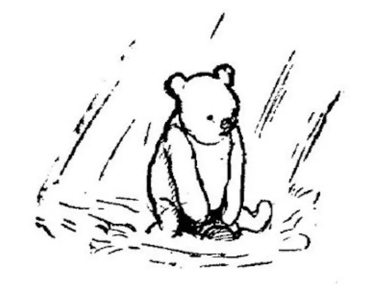 E. H. Shepard illustration of Piglet with Christopher Robin and Winnie-the-Pooh from Chapter IX