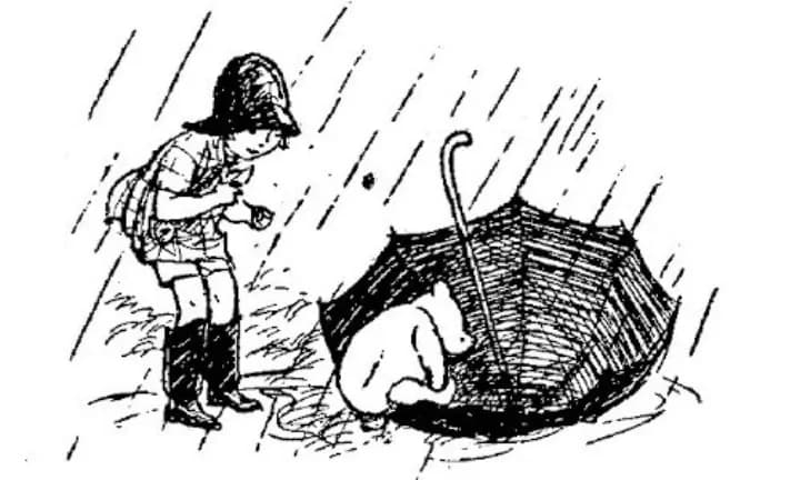 E. H. Shepard illustration of Piglet with Christopher Robin and Winnie-the-Pooh from Chapter IX