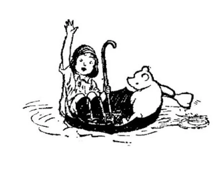 E. H. Shepard illustration of Piglet with Christopher Robin and Winnie-the-Pooh from Chapter IX