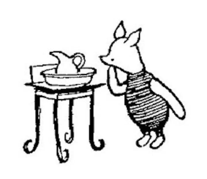 E. H. Shepard illustration of Piglet with Christopher Robin, Winnie-the-Pooh, Eeyore and Owl from Chapter X