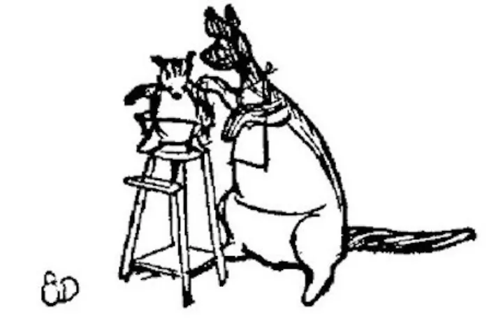 E. H. Shepard illustration of Kanga with Christopher Robin, Winnie-the-Pooh and Roo from Chapter X