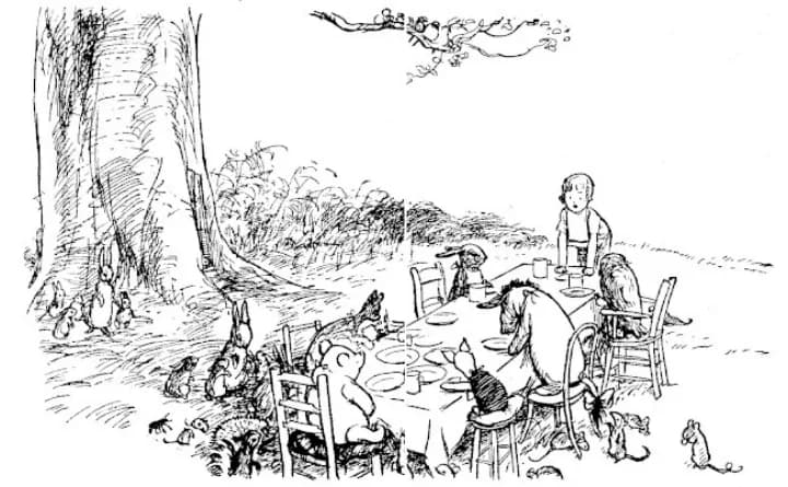 E. H. Shepard illustration of Roo with Christopher Robin, Winnie-the-Pooh and Rabbit from Chapter X