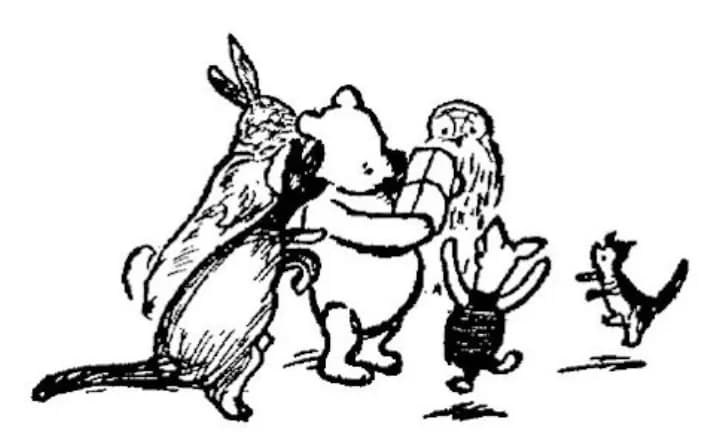 E. H. Shepard illustration of Eeyore with Christopher Robin, Winnie-the-Pooh and Rabbit from Chapter X