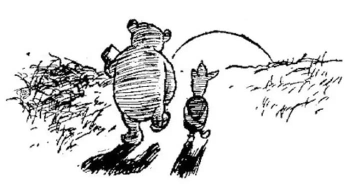 E. H. Shepard illustration of Piglet with Christopher Robin and Winnie-the-Pooh from Chapter X