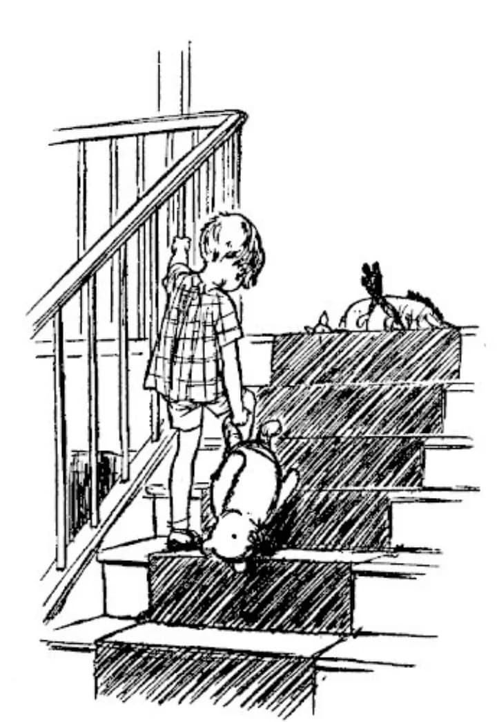 E. H. Shepard illustration of Winnie-the-Pooh and Christopher Robin from Chapter X