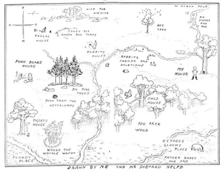 E. H. Shepard illustration of Piglet with Christopher Robin and Winnie-the-Pooh from Front matter